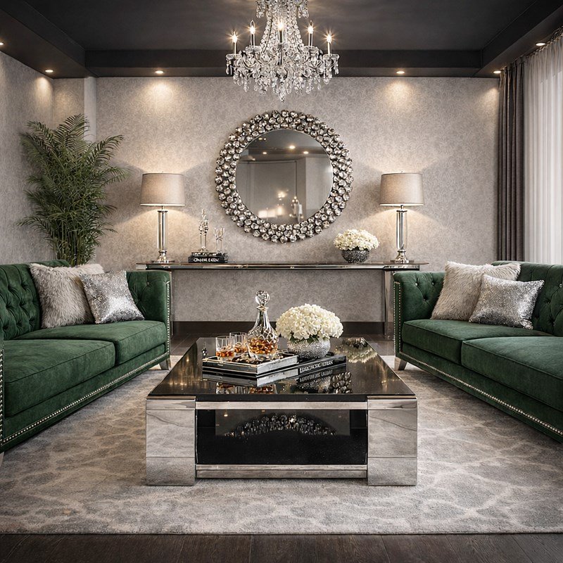 Elegancki salon z ławą z kolekcji Nathan oraz zielonymi sofami - BellaCasa.co.jpg