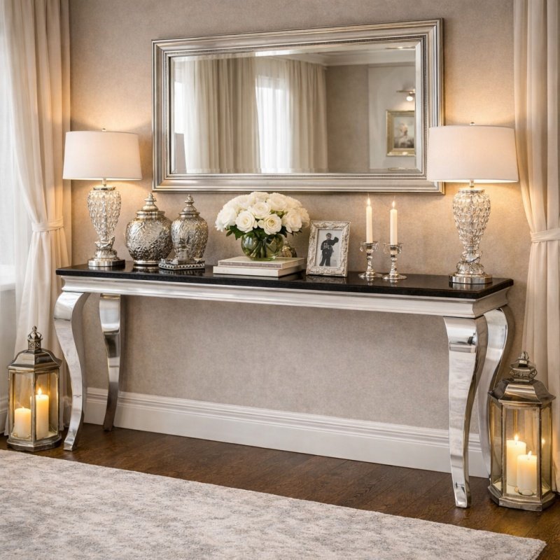 Luksusowy salon z eleganckimi akcentami, konsola Ludwik glamour w roli głównej – BellaCasa.co.jpg