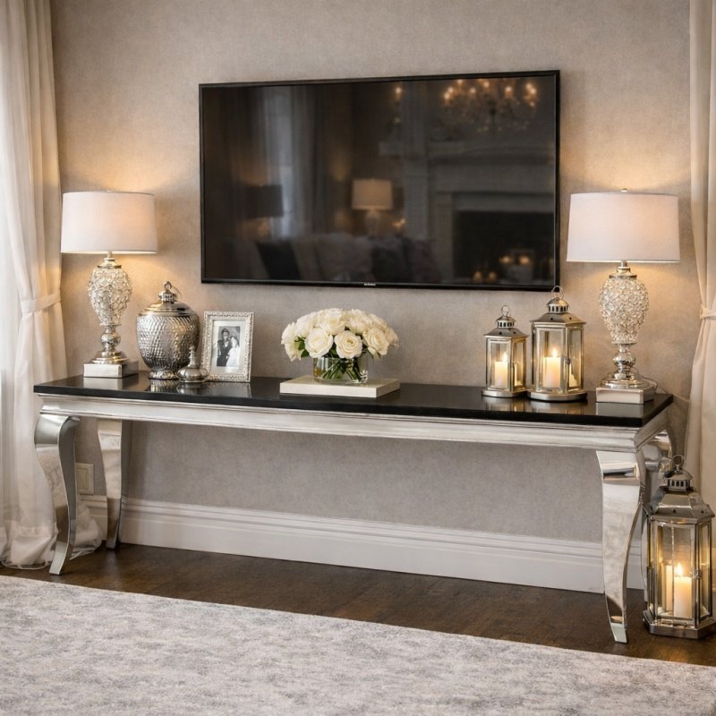 Elegancka salonowa aranżacja z konsolą RTV glamour Ludwik i telewizorem. - BellaCasa.co.jpg