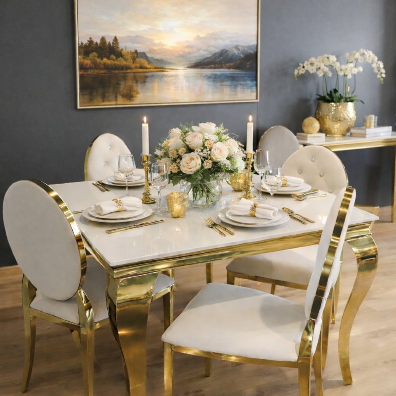 Elegancki stół glamour Ludwik z blatem kamiennym Calacatta Michelangelo – widok z góry na cały stół - BellaCasa.co.jpg