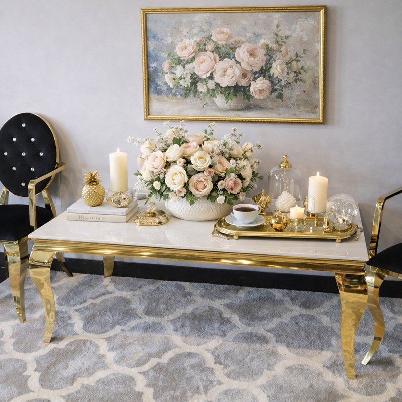 Zdjęcie na ławę glamour  Ludwik Gold na tle szarej podłogi i neutralnych ścian - elegancja w najlepszym wydaniu - BellaCasa.co.jpg