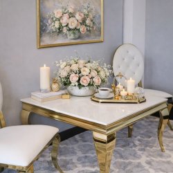 Stolik kawowy glamour Ludwik Gold - stal szlachetna złota blat kamienny nowoczesny