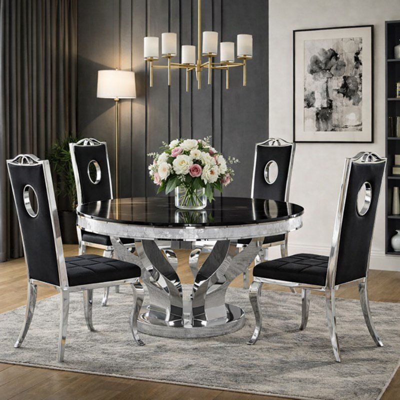Elegancka jadalnia ze stołem okrągłym Davson i krzesłami z kolekcji Luxury w czarnej tapicerce - BellaCasa.co.jpg