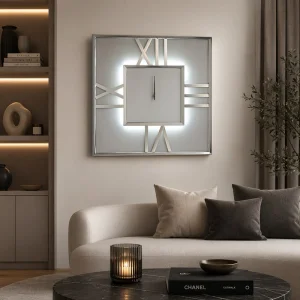 Zegar ścienny kwadratowy glamour lustrzany podświetlany LED srebrny 90x90 cm C-0612