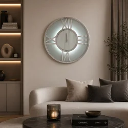 Zegar ścienny okrągły glamour lustrzany podświetlany LED srebrny 90x90 cm C-0613