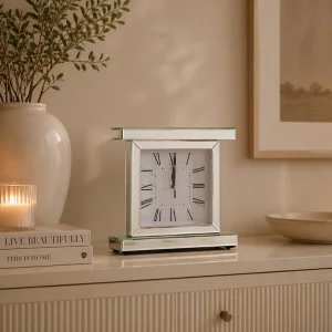 Stojący zegar glamour lustrzany srebrny 35x35x12 cm C-0616