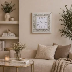 Zegar ścienny kwadratowy glamour z kryształkami srebrny 50x50 cm C-0617