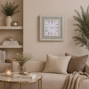 Zegar ścienny kwadratowy glamour z kryształkami srebrny 50x50 cm C-0617