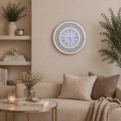 Zegar ścienny okrągły glamour z kryształkami srebrny 50x50 cm C-0618