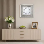 Zegar ścienny kwadratowy glamour lustrzany z kryształkami srebrny 50x50 cm C-0624