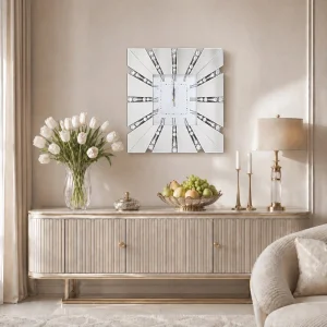 Zegar ścienny kwadratowy glamour lustrzany z kryształkami srebrny 50x50 cm C-0627
