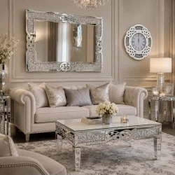 Elegancki zestaw do salonu glamour: lustro M-0537, zegar C-0620, ława F-0563