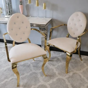 Krzesło Ludwik II Gold glamour Arms Beige - złote krzesła pikowane kryształkami, kołatka