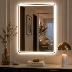 Srebrne lustro glamour prostokątne podświetlane w złotej ramie 60x90 cm M-0663