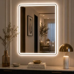 Srebrne lustro glamour prostokątne podświetlane w złotej ramie 60x90 cm M-0663