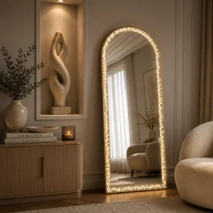 Srebrne stojące lustro glamour prostokątne podświetlane 54x163  cm M-0695