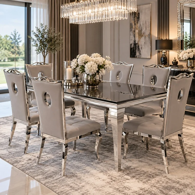 Jadalnia glamour ze stołem Ludwik z czarnym blatem kamiennym i eleganckimi krzesłami w szarej tapicerce-BellaCasa.co.jpg