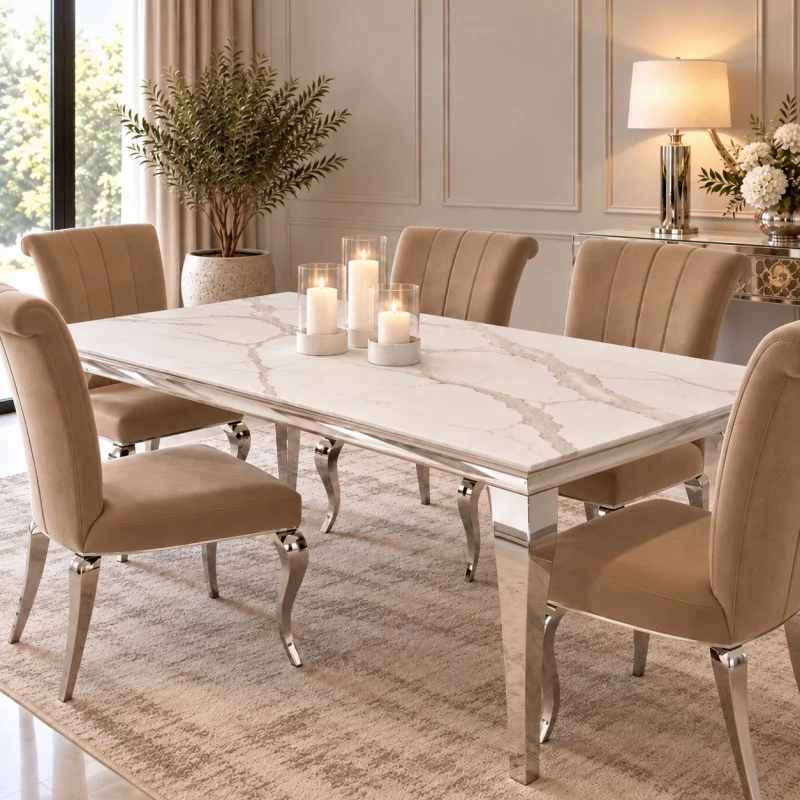 Elegancja w nowoczesnym wydaniu – dekoracyjny blat o delikatnym marmurowym wzorze i matowej powierzchni Soft Touch pięknie komponuje się z połyskującą podstawą stołu oraz miękką tapicerką krzeseł-BellaCasa.co.jpg