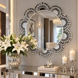 Silberner Glamour runder Spiegel 93 cm M-0535