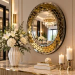 Złote lustro glamour okrągłe śr. 90 cm M-0545
