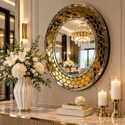 Złote lustro glamour okrągłe śr. 90 cm M-0545
