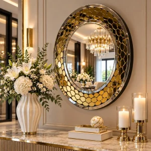 Złote lustro glamour okrągłe śr. 90 cm M-0545