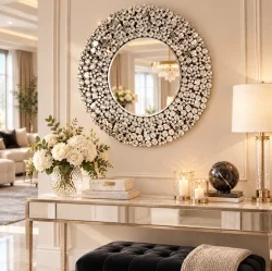Srebrne lustro glamour okrągłe śr. 90 cm M-0500