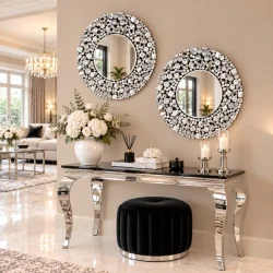 Srebrne lustro glamour okrągłe śr. 70 cm M-0501